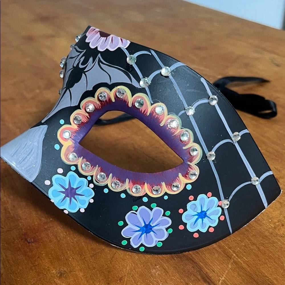Hand-Painted Black Floral Masquerade Mask with Rhinestones